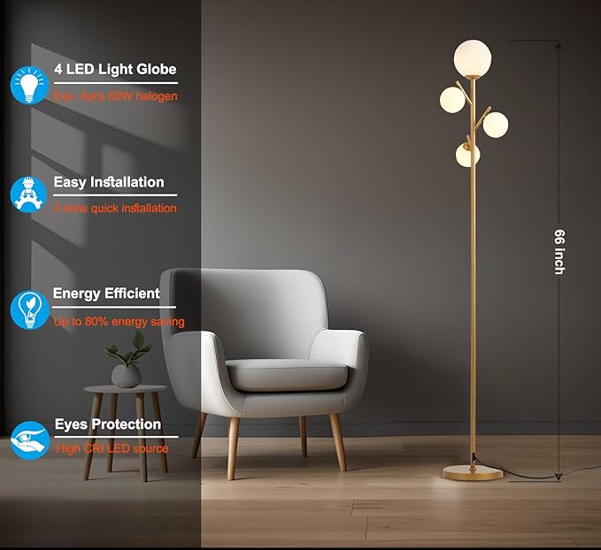 Fiqevs 4 Globe Gold Floor Lamp, Modern Sputnik Tree Standing Lamp with Frosted Glass Ball Lampshade & 3000K LED Bulbs, Mid Century Contemporary Tall Lamp for Living Room, Bedroom - Antique Brass