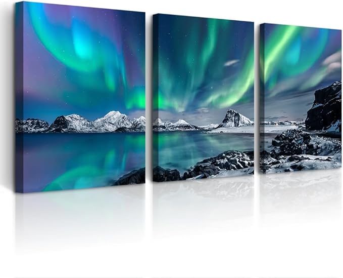 DZRWUBHS Canvas Wall Decorations For Living Room 3 Piece Stretched and Framed Canvas Paintings Office Wall Decor For Bedroom Bathroom Aurora Scenery Pictures Home Decor Print Artwork Ready To Hang