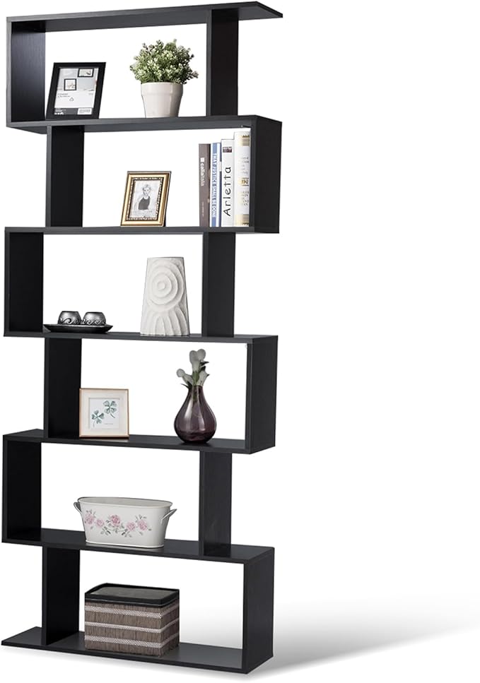 Tangkula 6-Tier Geometric Bookcase, Modern S-Shaped Storage Display Bookshelf for Living Room, Anti-Toppling Device, Home Office Wooden 6 Shelf Open Bookcase (2, Black)