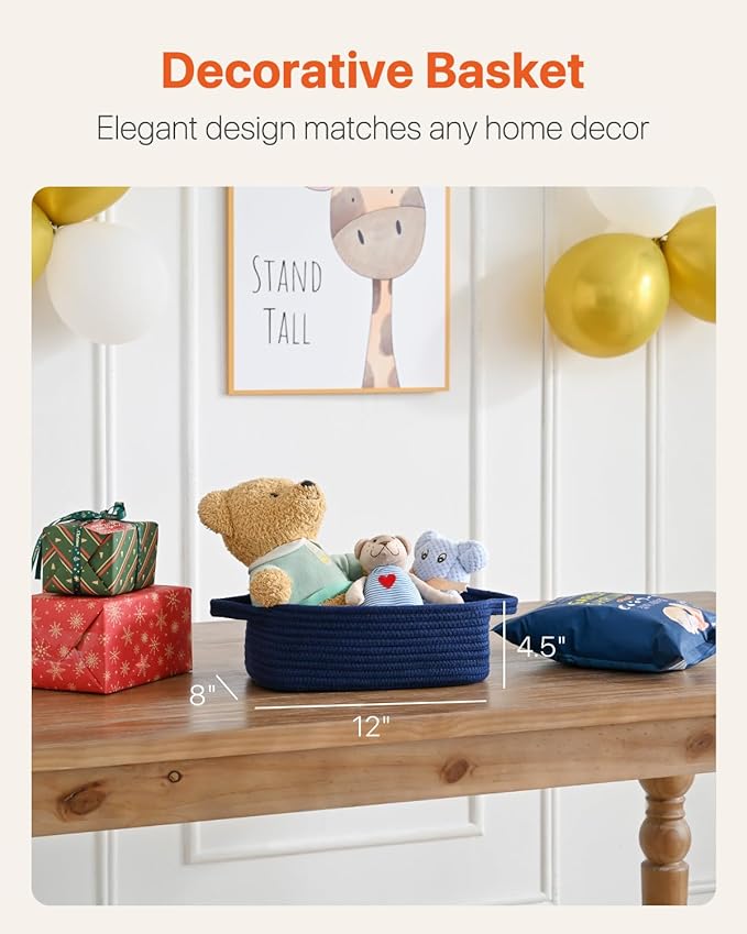 KALLAX Small Woven Basket, 12 x 8 x 4.5 Inches, Small Storage Baskets for Organizing, Gift Baskets Empty, Cute Rope Shelf Closet Storage Bins for Shelves, Dog Toy Basket, 3 Packs, Navy Blue