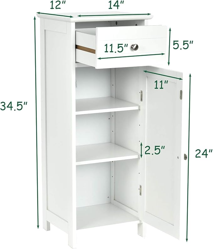 GLACER Floor Storage Cabinet, Multifunctional Bathroom Storage Cabinet with 2 Adjustable Shelves, Ideal for Bathroom, Living Room, 14 x 12 x 34.5 inches (White)