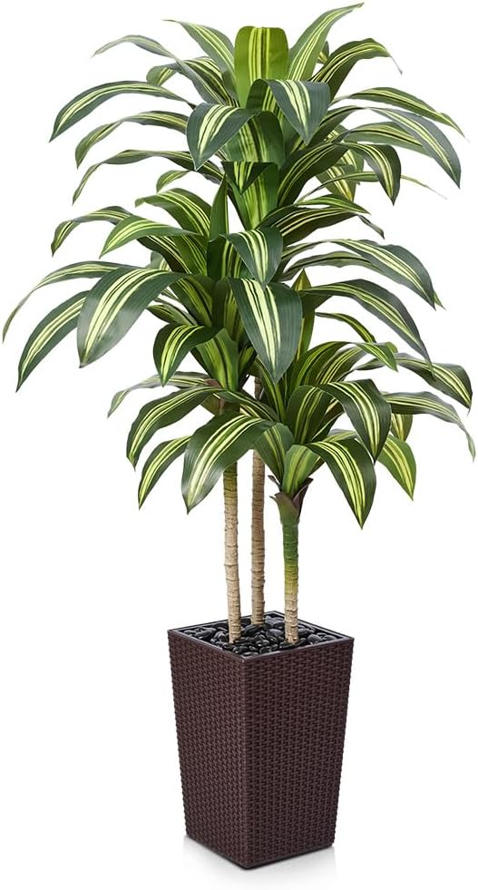 Artificial Dracaena Tree 5FT - UV Resistant Faux Tree with Large Taper Planter & Pebbles - Tall Fake Plants Indoor & Outdoor, Potted Floor Plant for Home Living Room Porch Decor, VN127