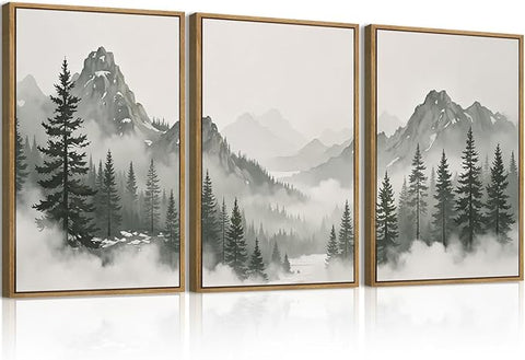 Large Nature Foggy Mountain Pine Trees Framed Canvas Wall Art, Misty Forest Landscape Wall Decor,Watercolor Woodland Scenery Artwork,Modern Art Print for Living Room, Bedroom, Office- 24"x36"x3