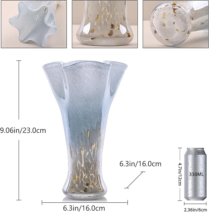 9.0"H Blue Glass Vases for Flowers, Unique Hand Blown Glass Vase Blue White Home Decor, Wide Mouth Colorful Flower Vase Centerpieces, For Living Room Table Bookshelf, Bathroom Office Shelf Decorative