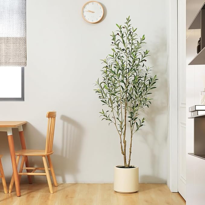 LOMANTO Artificial Olive Trees, 6 ft Tall Fake Olive Trees for Indoor, Faux Olive Silk Tree, Large Olive Plants with White Planter for Home Decor and Housewarming Gift, 1 Pack