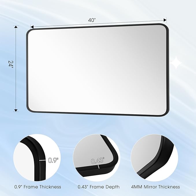 24x40 Inch Rectangle Bathroom Mirror with Black Metal Frame, Rounded Corner Rectangular Vanity Mirror for Wall, Modern Large for Bedroom, Living Room, Horizontal or Vertical