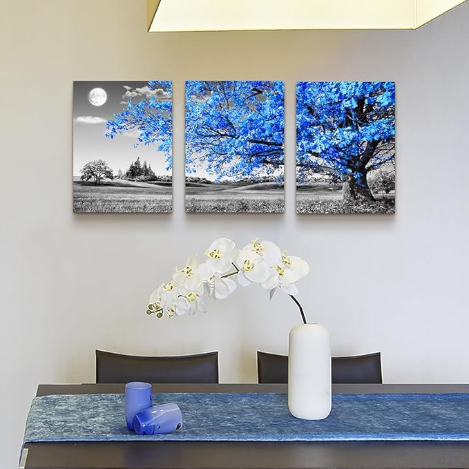 DZRWUBHS Modern Wall Art For Living Room Canvas Wall Decor For Office Black And White Blue Tree Wall Painting Scenery Wall Pictures Artwork For Bedroom Room Home Decor Prints Art 12" X 16" 3 Piece