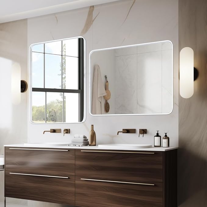 White 28x36 Inch Metal Framed Mirror for Wall, Large Rounded Rectangle Mirror, Anti-Rust, Tempered Glass, Hangs Horizontally or Vertically