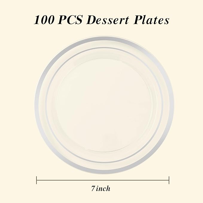 100PCS Clear Plastic Plates for Party, 7 Inch Heavy Duty Dinner Plates with Silver Rim, Disposable Plates for Wedding and Birthday