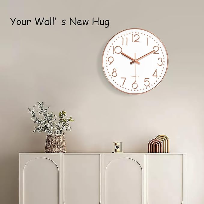 Modern Silent Wall Clock - 12 Inch Wall Clocks Battery Operated Large Number, Non-Ticking Analog Clock with Tempered Glass Quartz Clocks for Living Room Bedroom Office Kitchen, Rose Gold