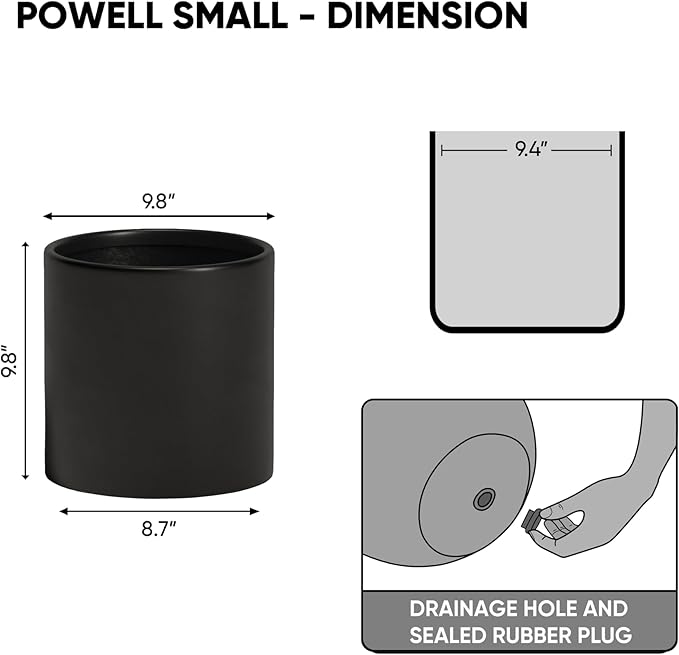 DTY Signature Mount Powell Fiberstone Planter - 10 Inch Small Black Cylindrical Mid-Century Modern Home Decor Indoor & Outdoor Plant Pot - Durable Planters for Indoor Plants, Outdoor Spaces