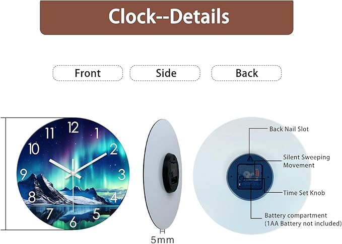 XNM Teal Glass Wall Clocks Battery Operated 12 Inch Aurora Modern Clock for Kitchen Living Room Glacier Lake Wall Clock Silent Non Ticking