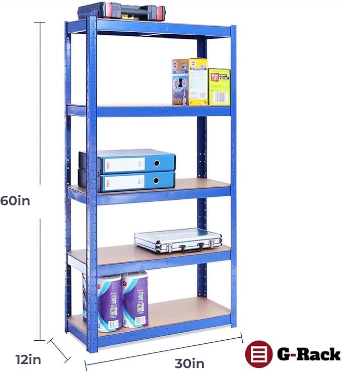 G-Rack | 5 Tier Garage Shelving Units | Metal Shelving Storage | Heavy-Duty Organization Racks | Adjustable Shelves | 2000LB Capacity | Ideal for Workshop, Shed, Office - 59D x 30W x 12H (Blue)