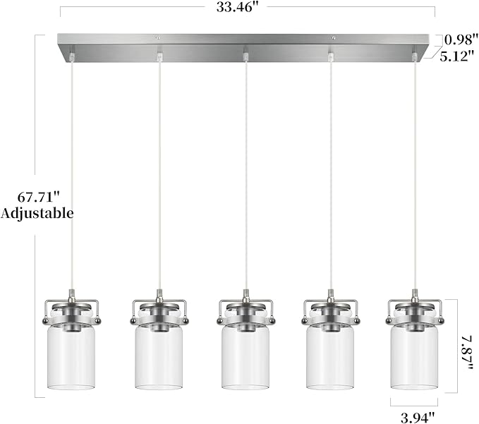 Kitchen Island Lighting, Pendant Lighting for Dining Room Kitchen Island Lighting Farmhouse Chandelier, 5 Light Hanging Linear Chandelier Brushed Nickel Pendant Lights with Clear Glass Shades