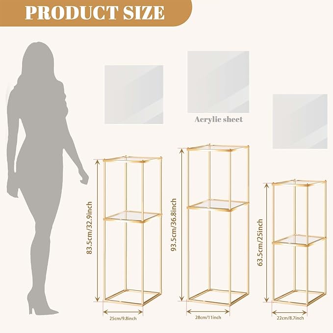 2-Tier Metal Flower Stand Set with Acrylic Shelves, Geometric Display Rack for Wedding Centerpieces, Party Decor, Tall Floor Vase Stand (Gold, Set of 3-36.8"/32.9"/25")