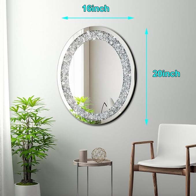 DMDFIRST Crystal Crushed Diamond Oval Shaped Glam Bling Silver Mirror for Wall Decoration 16x20x0.9 inch Wall Hang Frameless Sparkly Mirror Glass Stunning Home Diamond Decor