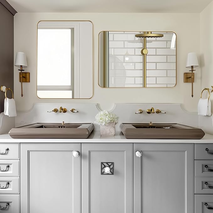 24x36 Inch Rectangle Bathroom Mirror, Brushed Gold Vanity Mirrors for Wall, Metal Frame Wall Mirror, Mirror with Round Corner for Bedrooms, Entryways, Living Rooms, Horizontal/Vertical