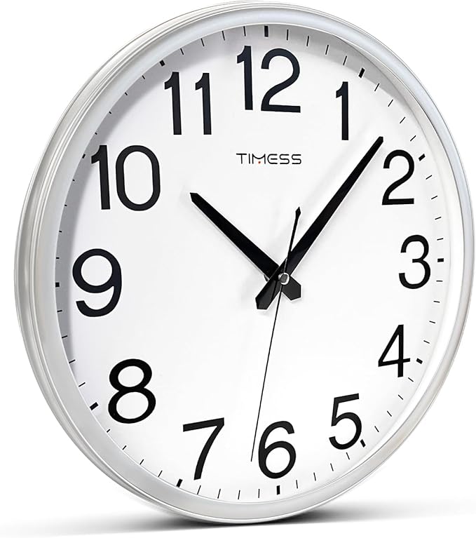 Wall Clock, 16 Inch Large Dial Non-Ticking Silent Battery Operated Quality Analog, Ultra-Quiet Movement Quartz, Timeless Stylish Clock, Ideal Modern Home, Office Décor (Sliver)