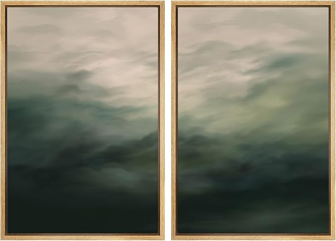 MUDECOR Framed Canvas Print Wall Art Dark Green Abstract Misty Landscape Moody Illustrations Modern Art Decorative Chic for Living Room, Bedroom, Office - 16"x24"x2 Natural