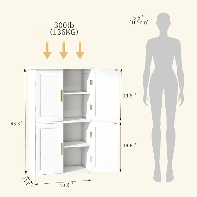 Bathroom Storage Floor Cabinet Freestanding Organizer with Adjustable Shelves for Bathroom Bedroom Laundry Room,4 Doors