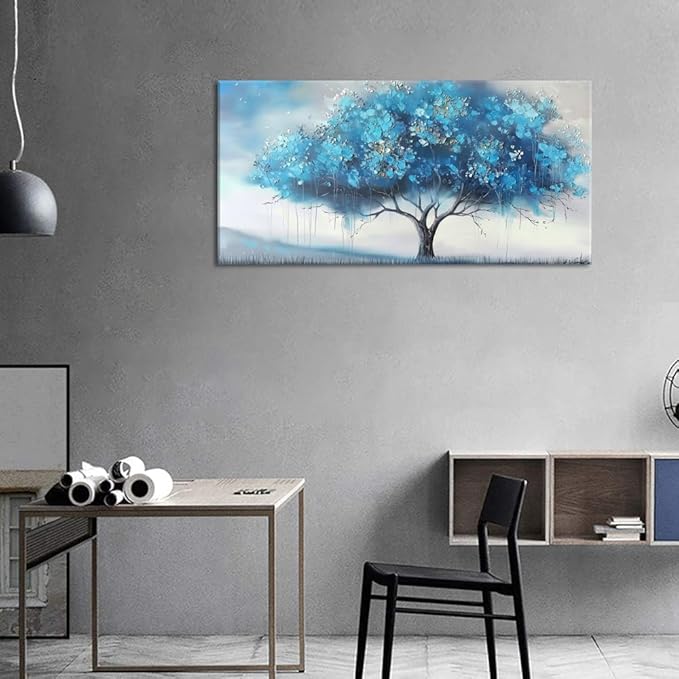 Blue Tree and White Petals Flowers Plants Wall Art Decor Artwork for Bedroom (30x60 Inches)