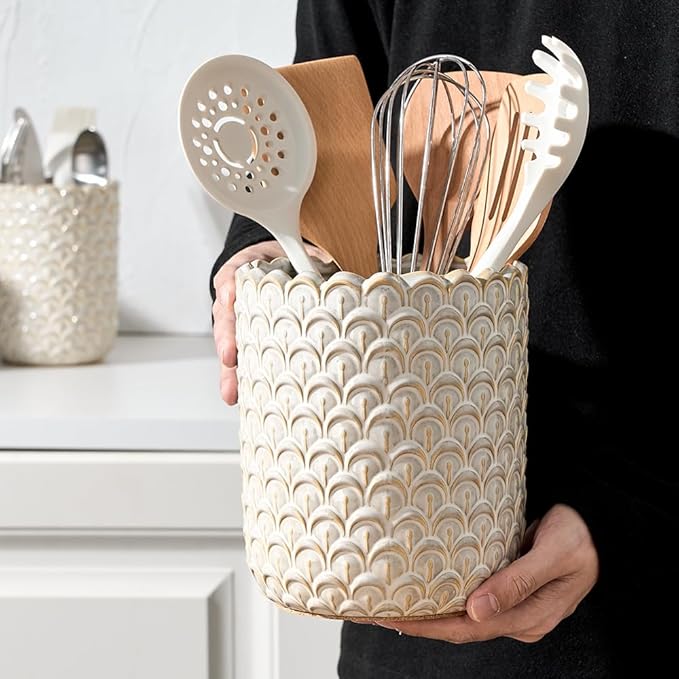 JIEMEI HOME Kitchen Utensil Holder, Large 7.5"+6.2" Petal Ceramic Utensil Crock for Countertop, Utensil Holder with Cork Mat, Morden Utensil Organizer for Spatula, Kitchen Decor, Set of 2, Off-white