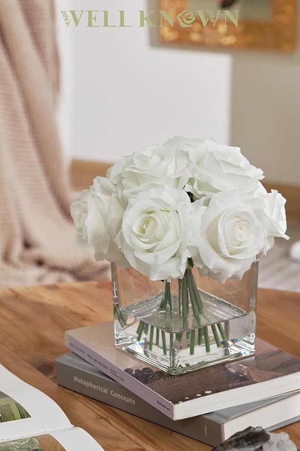 WELL KNOWN Rose Artificial Flowers in Vase with Faux Water, Ivory White Silk Rose Table Centerpieces for Home Coffee Table Decor, Fake Roses Flower Arrangements for Office Hotel Lavatory Decor