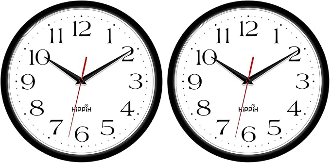 HIPPIH 2 Pack Silent Wall Clock, 10 Inch Non Ticking Quiet Digital Sweep Decorative Battery Operated Wall Clocks for Living Room Bedroom Kitchen School Office Decor, Black
