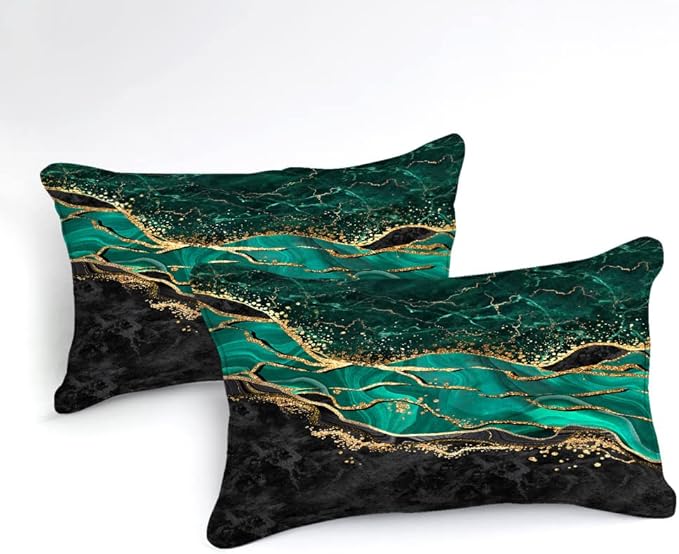 Green Gold King Size Comforter Set, Black Marble Bedding Set, Emerald Green King Bed Comforter Set Abstract Home Decor