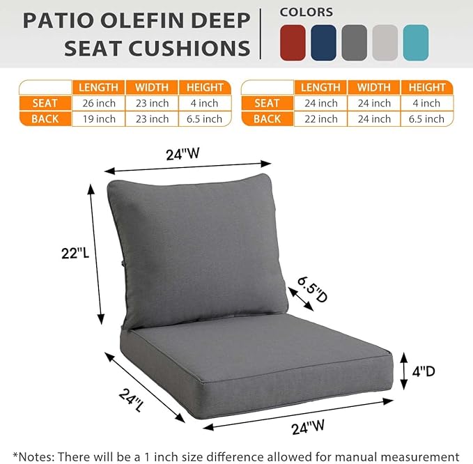 Sundale Outdoor Olefin Deep Seat Cushion Set of 2, Patio Chair Cushion and Pillow, Water-Resistant Sectional Sofa Pad with Straps Medium Gray, 24 x 24 x 4 Inches