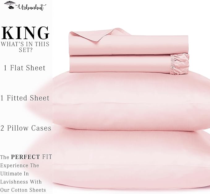 URBANHUT 700 Thread Count King Size Egyptian Cotton Sheets, 4Pc Sheet Set Soft Luxury Bed Sheets for King Size Bed, Sateen Weave Hotel Sheets, 16'' Elasticized Deep Pocket - Blush Pink
