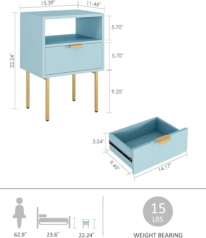 Nightstand,Morden Bedside Table with Gold Frame,Small White Night Stand,End Table,Bedside Furniture,Side Table with Drawer and Shelf for Bedroom,Living Room (1Drawer, Blue)
