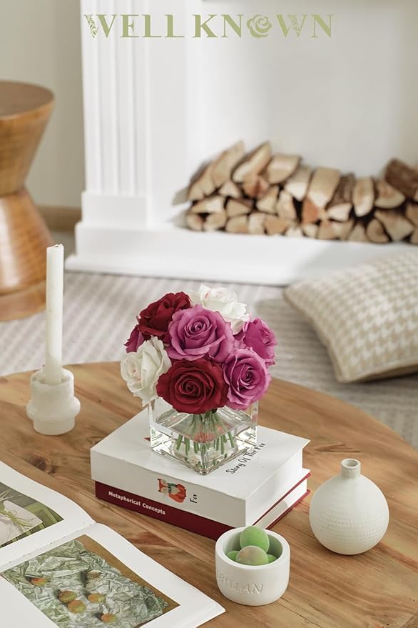 WELL KNOWN Rose Artificial Flowers in Vase with Faux Water, Silk Rose Table Centerpieces for Home Coffee Table Decor, Fake Roses Flower Arrangements for Office Hotel Lavatory Decor (Purple & White)