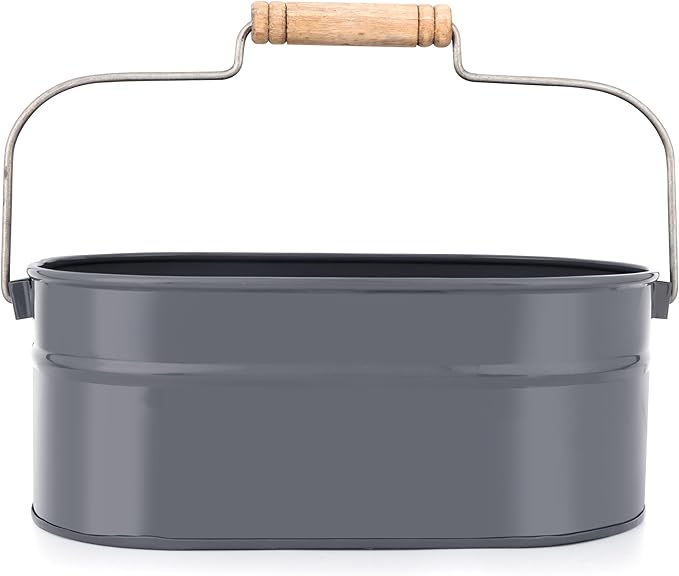 Alpha Living Home Silverware Caddy with Handle, Mulip-pose Organizer for Kitchen, Farmhouse Caddy Organizer - 4-Compartment Iron & Wood Handle Cutlery Holder, Office & Bathroom Storage, Grey