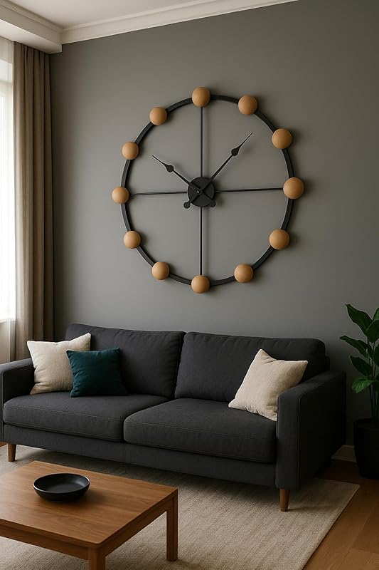 Large Modern Wall Clock – Black Metal Frame with Wooden Spheres – Minimalist Industrial Design – Silent Non-Ticking – Unique Wall Art for Living Room or Office (28 Inch / 70 cm)