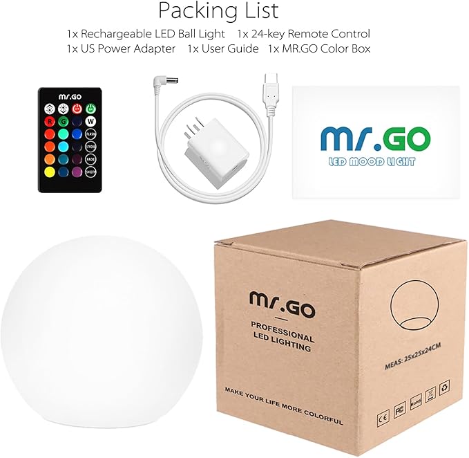 Mr.Go 10" Ultra-Fun Waterproof RGB Color-Changing LED Ball Light Orb Globe Lamp, Dimmable 16 Colors 4 Modes, Ideal for Kids Night Light Party Outdoor Pool Garden Patio Ambient Decorative Lighting