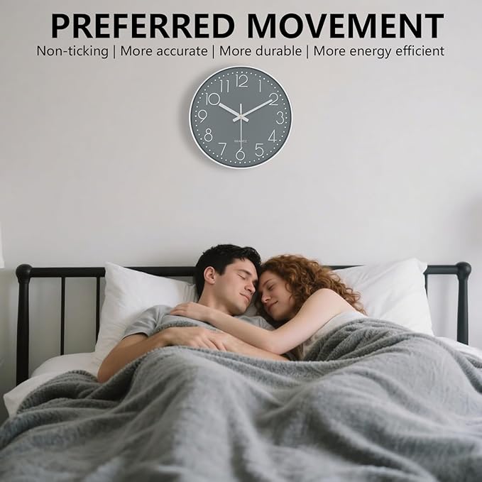 Modern Silent Wall Clock - 12 Inch Wall Clocks Battery Operated Large Number, Non-Ticking Analog Clock with Tempered Glass Quartz Clocks for Living Room Bedroom Office Kitchen, Grey