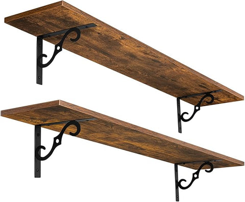 DINZI LVJ Long Wall Shelves, 39.4 Inch Large Floating Shelves Set of 2, Wide Display Shelf Wall Mounted with Brackets, Easy Hanging for Living Room, Toilet, Office, Bedroom, Rustic Brown