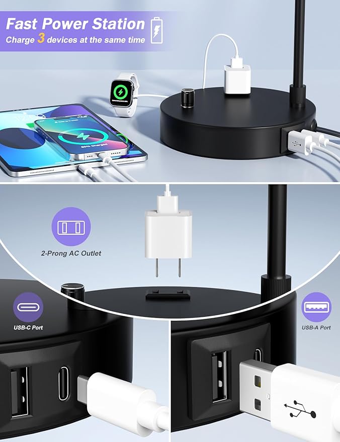 Black Tall Table Lamp with USB Port and Outlet, Dimmable Nightstand Bedside Lamps with Linen Lampshade, Desk Lamp for Bedroom, Living Room, Guest Room, Home Office, LED Bulb Included