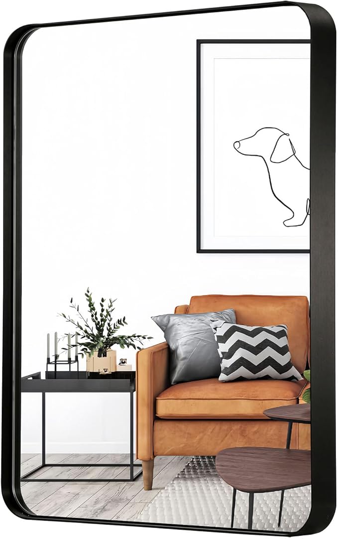 24x36 Inch Rectangle Bathroom Mirror, Brushed Black Vanity Mirrors for Wall, Metal Frame Wall Mirror, Mirror with Round Corner for Bedrooms, Entryways, Living Rooms, Horizontal/Vertical