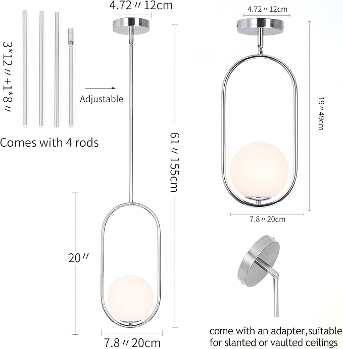SeeU Pendant Lighting Modern Style Chrome Chandelier,Single Hanging Light Fixture Milky Glass Globe Lampshade Pendant Light Fixture for Kitchen Island,Dinning Room Bedroom