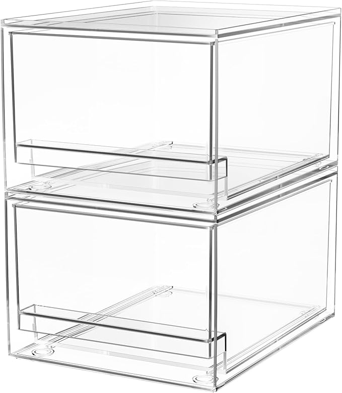 【𝟮𝗣𝗖𝗦】A-LUGEI Acrylic Stackable Storage Drawers, 7.5"L Makeup Organizer, Bathroom Organizer and Storage, Plastic Storage Bins for Kitchen Cabinet Pantry Medicine Fridge