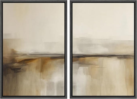 MUDECOR Framed Canvas Print Wall Art Set Abstract Beige and Brown Gradient Neutral Minimalist Landscape Illustrations Modern Art Decorative Calm for Living Room, Bedroom, Office - 16"x24"x2 Black