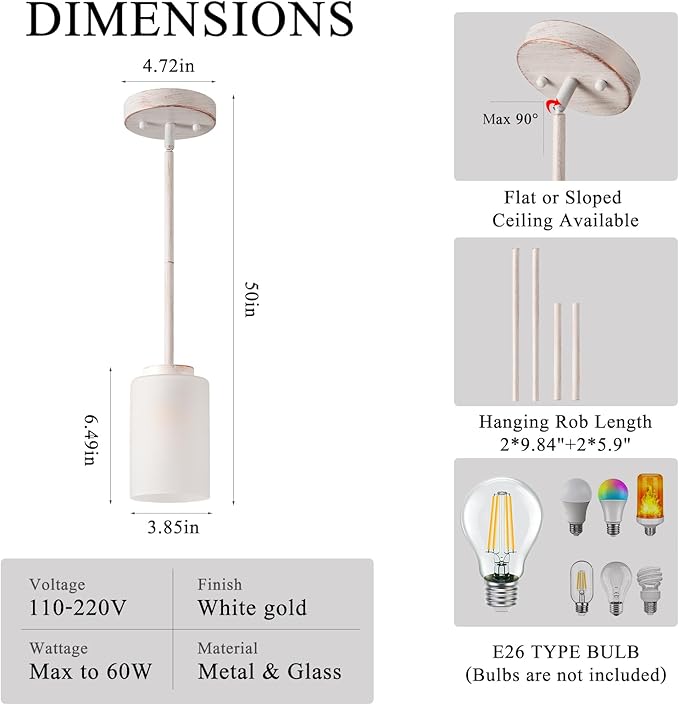 1-Light Mini Pendant Light Fixtures, Industrial Chandelier Hanging Ceiling Lights with Opal White Glass, Adjustable Height, White Brush Gold Pendant Lamp, 2 Pack