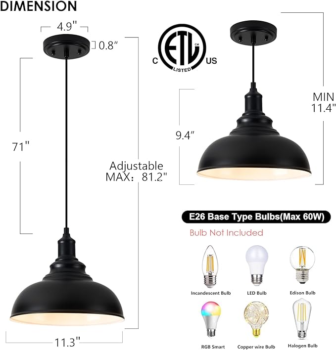 2 Pack Farmhouse Pendant Light Black Pendant Lights Kitchen Island Industrial Adjustable Hanging Barn Lamp Pendant Lighting Over Island Sink Light Fixtures