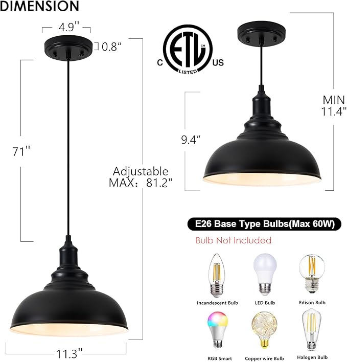 3-Pack Black Farmhouse Pendant Light Adjustable Pendant Lighting for Kitchen Island Industrial Hanging Barn Pendant Lights Over Island Sink Light Fixtures