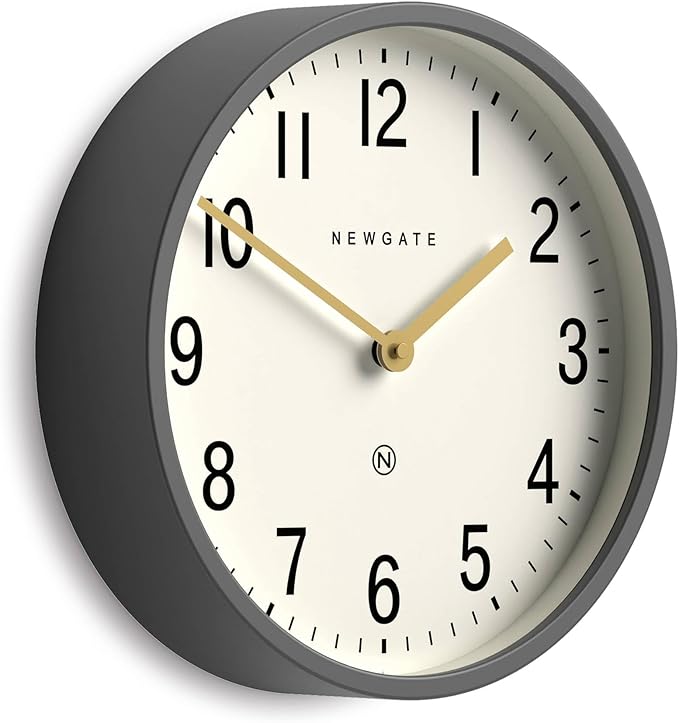 NEWGATE® Master Edwards Wall Clock | Mid Century Style Clock | 12 inch | Deep Metal case in matt Dark Grey | Modern Retro Design for Kitchen, Living Room or Office