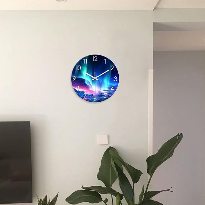 XNM Aurora Turquoise Clocks for Living Room Glass Round Big Wall Clock Silent Modern Wall Clocks Battery Operated 16 Inch