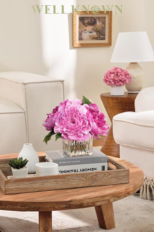 Artificial Peonies Flowers Arrangements in Cube Glass Vase, WELLKNOWN Silk Flower Centerpieces for Dining Room Table, Coffee Table Decor, Faux Peony Flowers with Faux Water (Bicolor Purple)