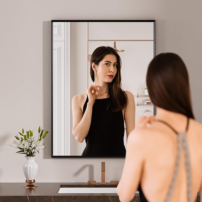LOAAO Black Bathroom Mirror 20"X28" for Wall, Rectangle Bathroom Vanity Mirror, Hangs Vertically or Horizontally, Easy to Install, Modern Design